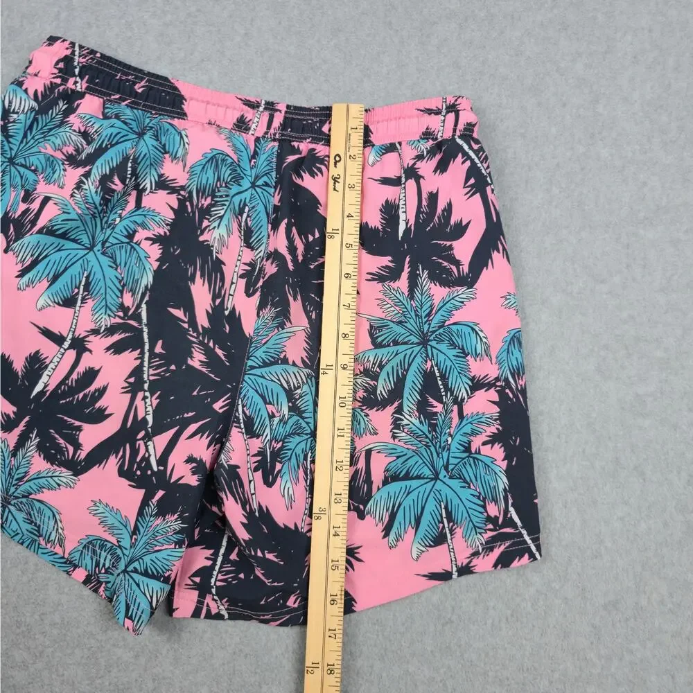 SURFCUZ Mens Medium Pink Swim Trunks Black Blue Palm Tree Pattern Drawstring
